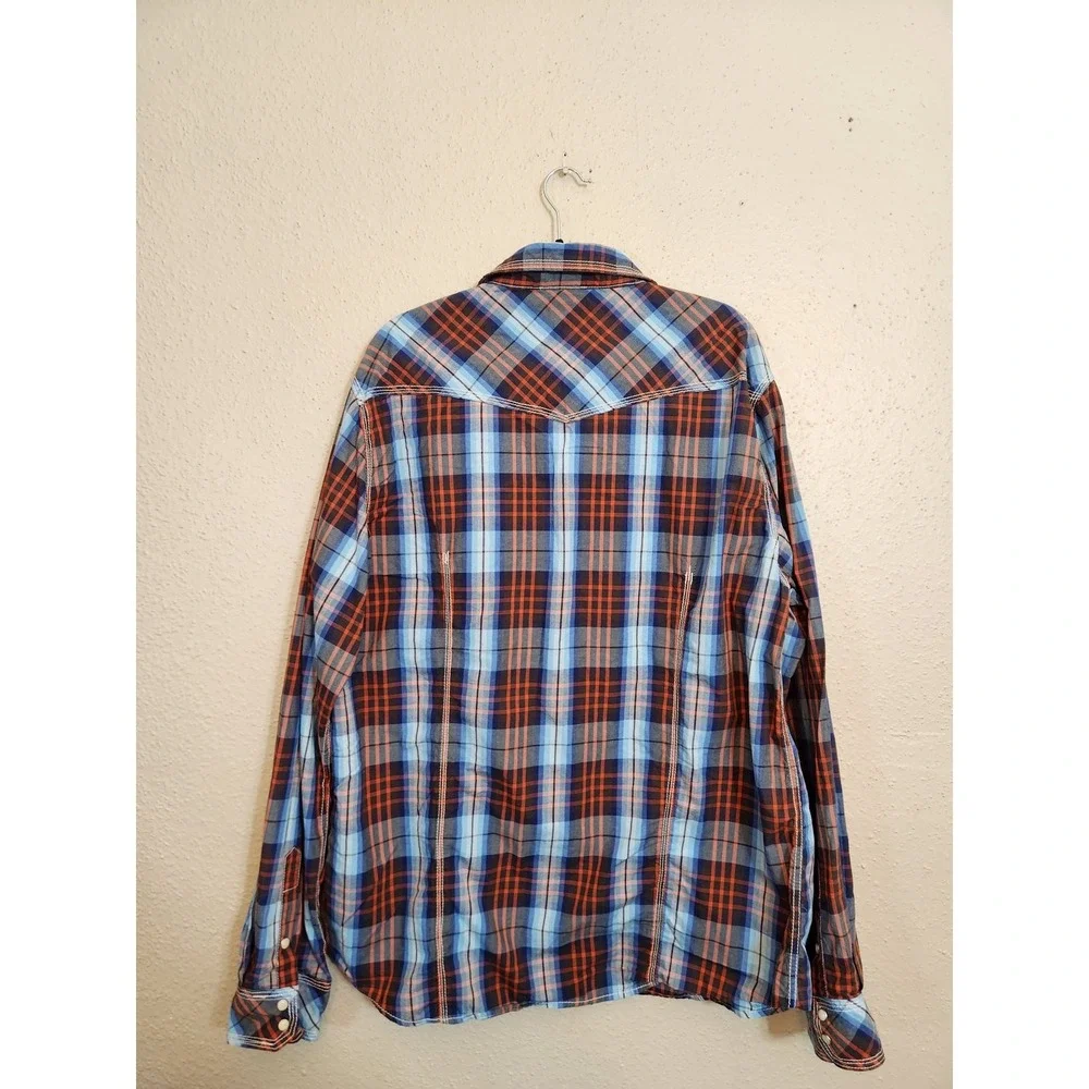 True Religion Western Shirt‎ 3X Blue Orange Plaid Contrast Stitch Long Sleeve